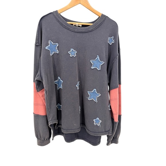 Easel Star Patchwork Grey Pullover Sweater Boho Chic Oversized Casual Relaxed L - Picture 3 of 8